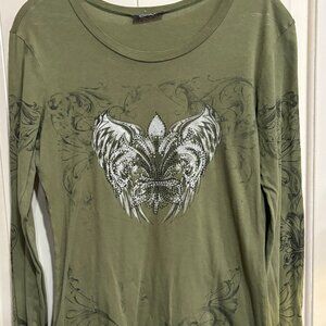 Vintage Angel Motif on Front AND Back Awesome Tee Shirt Women's Olive Green